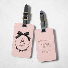 Moderne Initiaal Zwarte Strik Blush Roze Monogram Bagagelabel