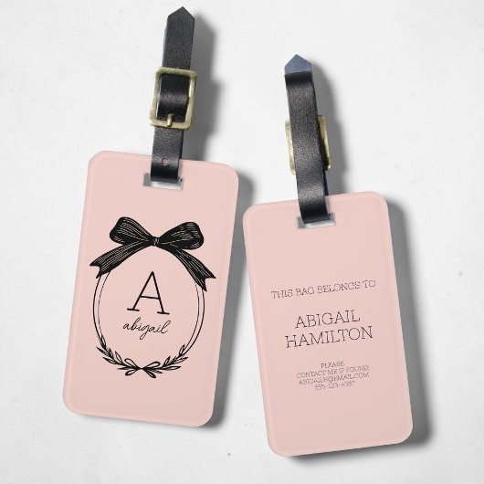 Moderne Initiaal Zwarte Strik Blush Roze Monogram Bagagelabel