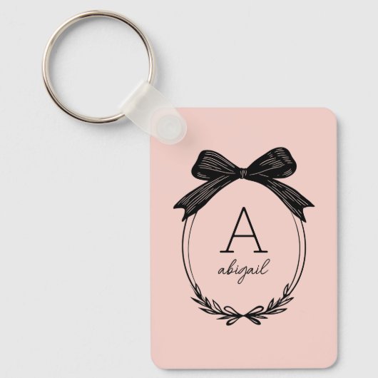 Moderne initiaal zwarte strik blush roze monogram sleutelhanger (Voorkant)