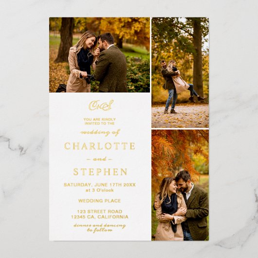 Moderne initialen 4 foto's net trouwgoud folie uitnodiging (Voorkant)