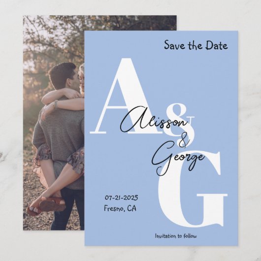 Moderne Initialen Blauwe Foto Save The Date (Voorkant / Achterkant)