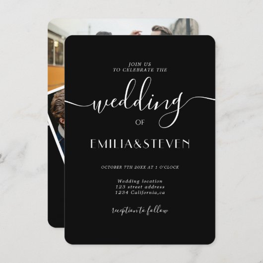 Moderne initialen bruiloft met zwarte witte script kaart (Voorkant / Achterkant)
