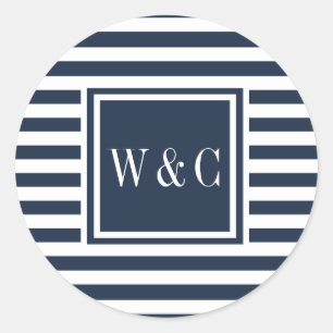 Moderne Initialen Monogram Navy Blauw Wit Streep Ronde Sticker