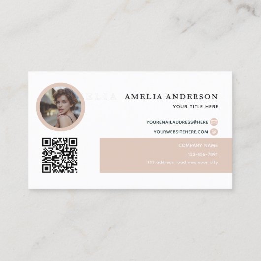 Moderne Initialen Naam Beige Ronde Foto QR Code Visitekaartje (Achterkant)