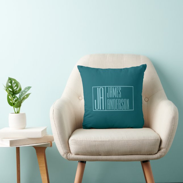 Moderne Initialen & Naam | Donker Teal & Lichtblau Kussen (Stoel)
