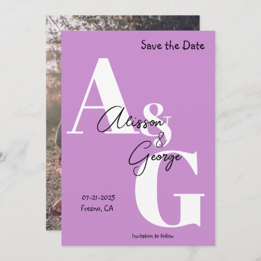 Moderne Initialen Paarse foto Save The Date (Voorkant / Achterkant)