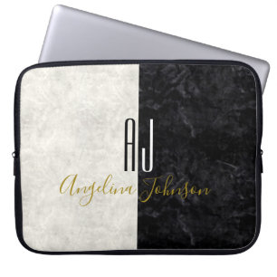 Moderne Initialen voor marmer Black en White Laptop Sleeve