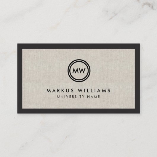 Moderne Initialen Zwart en Linnen Afstuderen Stude Contactkaartje (Voorkant)
