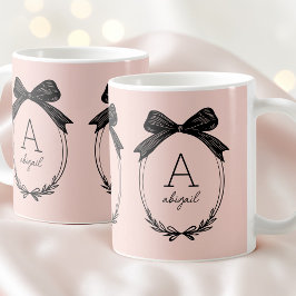 Moderne initiële chic zwarte strik blush roze mono koffiemok