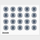 Moderne initiële monogram marineblauw witte streep ronde sticker (Vel)