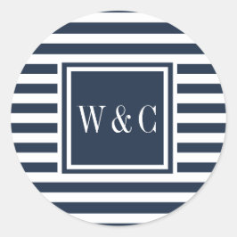 Moderne initiële monogram marineblauw witte streep ronde sticker