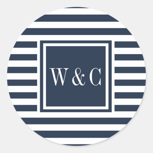 Moderne initiële monogram marineblauw witte streep ronde sticker (Voorkant)