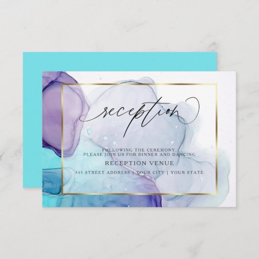 Moderne inkt aqua en paarse ontvangstuitnodiging kaart (Voorkant / Achterkant)