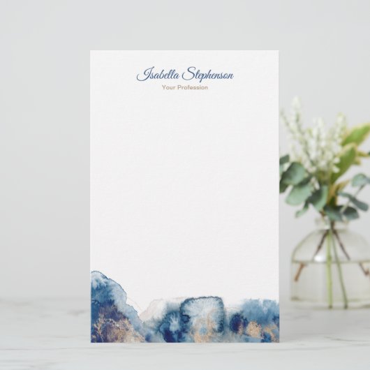 Moderne inkt met blauwe en goudWaterverf personali Briefpapier (Staand voorkant)