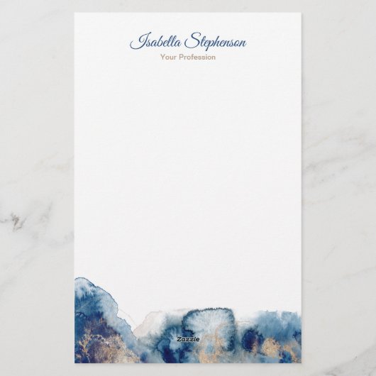 Moderne inkt met blauwe en goudWaterverf personali Briefpapier (Achterkant)
