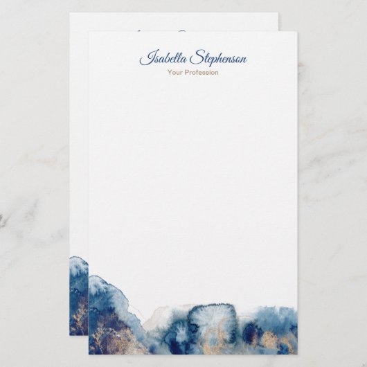 Moderne inkt met blauwe en goudWaterverf personali Briefpapier (Voorkant / Achterkant)
