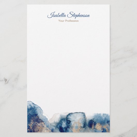 Moderne inkt met blauwe en goudWaterverf personali Briefpapier (Voorkant)
