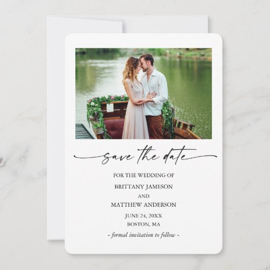Moderne inkt Pen Script Couple Photo minimalist Save The Date (Voorkant)