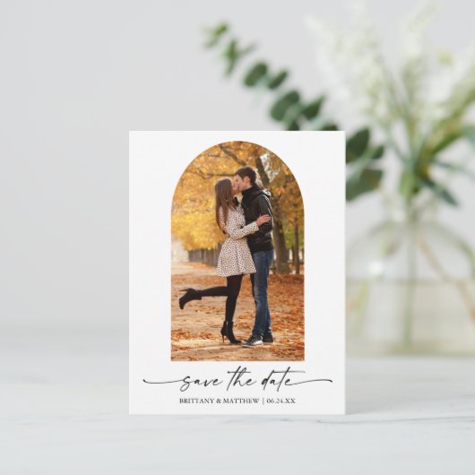 Moderne inkt Script Photo Arch Save the Date Briefkaart (Staand voorkant)
