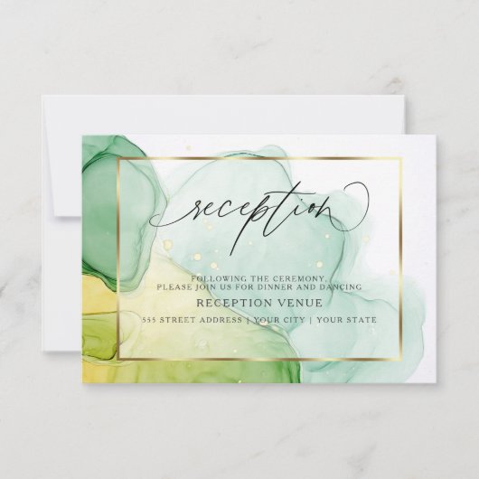 Moderne inkt Vibrant Greens and Golds Reception Kaart (Voorkant)
