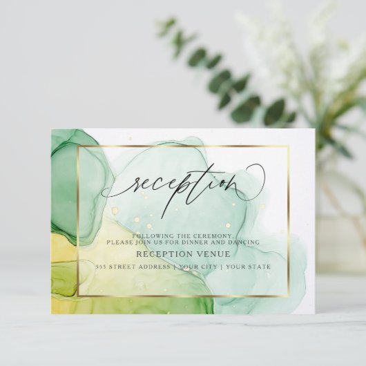 Moderne inkt Vibrant Greens and Golds Reception Kaart (Staand voorkant)