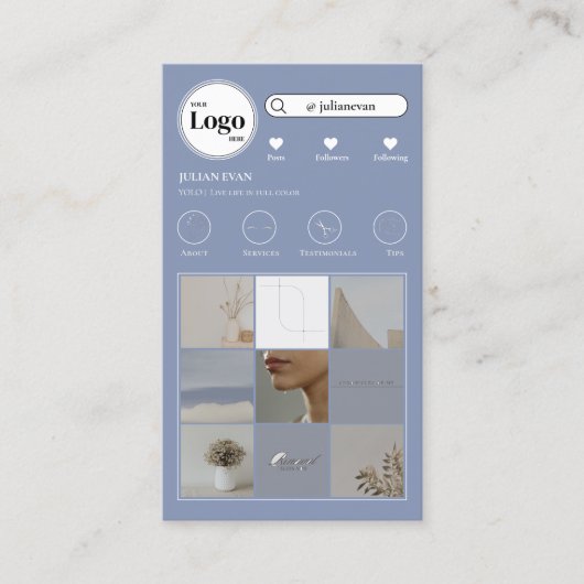 Moderne Instagram Fotocollage Blauwe Social Media Visitekaartje (Voorkant)