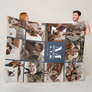 Moderne Instagram Fotocollage Marine Blauw Monogra Fleece Deken