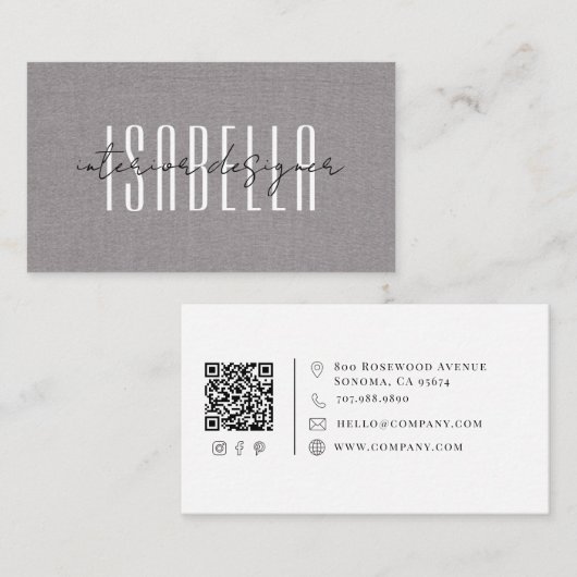 Moderne interieurontwerper Faux Linnen Script Visitekaartje (Voorkant / Achterkant)