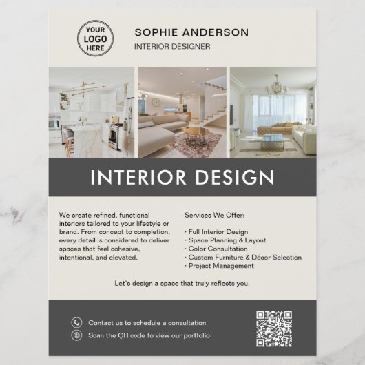 Moderne interieurontwerper Marketing Neutraal Grij Flyer (Voorkant)