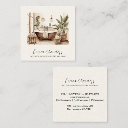 Moderne Interieurontwerper Waterverf Badkamer Deco Vierkante Visitekaartje (Voorkant / Achterkant)