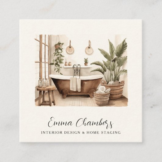 Moderne Interieurontwerper Waterverf Badkamer Deco Vierkante Visitekaartje (Voorkant)