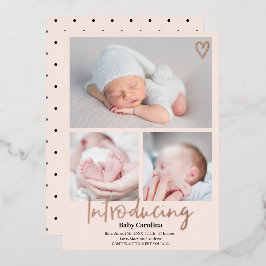 Moderne introductie roos roze 3 foto's baby geboor folie uitnodiging