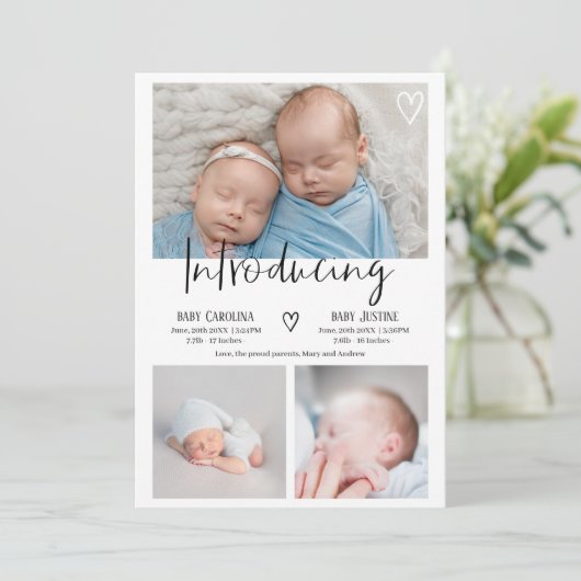Moderne introductie script 3 foto baby tweeling ge aankondiging (Staand voorkant)