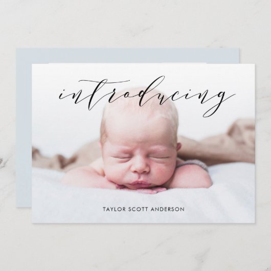 Moderne introductie van babyscript geboorteaankond kaart (Voorkant / Achterkant)