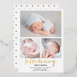 Moderne introductie zwarte witte 3 foto's baby geb folie uitnodiging