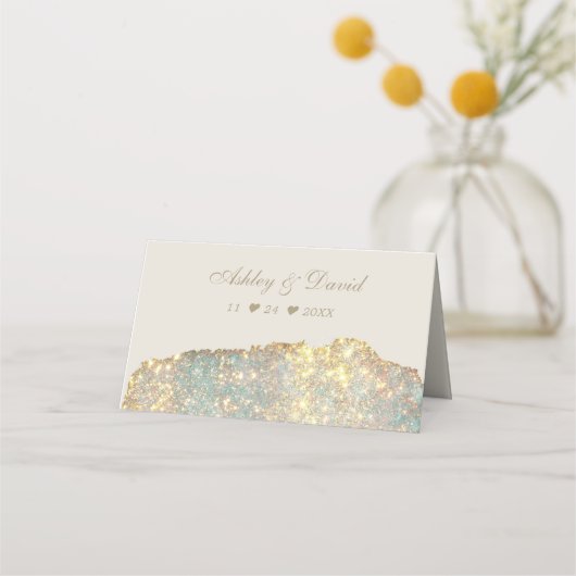 Moderne Iridescent Holographic Glitter Wedding Plaatskaartje (Achterkant)