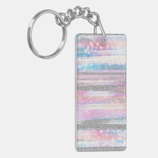 Moderne Iridescent & Silver Glitter Strokes Stripe Sleutelhanger (Voorkant Links)