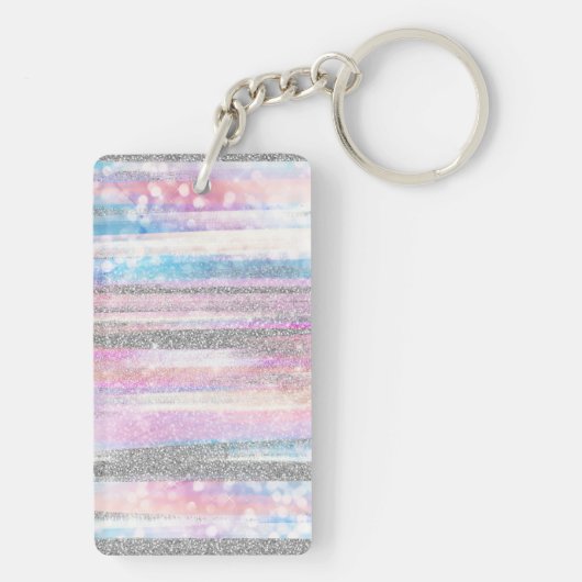 Moderne Iridescent & Silver Glitter Strokes Stripe Sleutelhanger (achterkant)