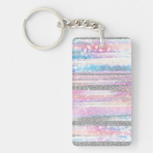 Moderne Iridescent & Silver Glitter Strokes Stripe Sleutelhanger
