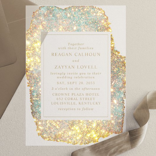 Moderne Iridiscerende Glitter Bruiloft Vellum Uitnodigingen