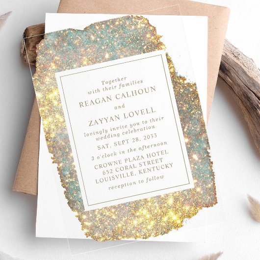 Moderne Iridiserende Glitter Bruiloft Acryl Uitnodigingen