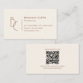 Moderne Ivoor Bruine Monogram Minimalistische QR-c Visitekaartje