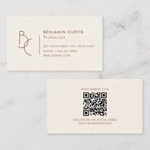 Moderne Ivoor Bruine Monogram Minimalistische QR-c Visitekaartje