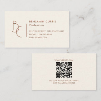 Moderne Ivoor Bruine Monogram Minimalistische QR-c Visitekaartje