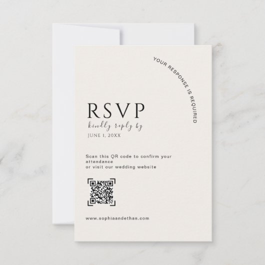 Moderne Ivoor Editoriale QR Code Huwelijks RSVP Kaartje (Voorkant)