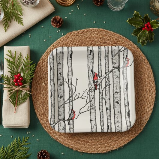 Moderne ivoren berkenbomen en rode kardinaalvogels papieren bordje
