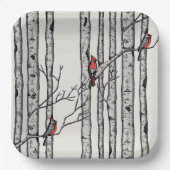 Moderne ivoren berkenbomen en rode kardinaalvogels papieren bordje (Voorkant)