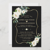 Moderne Ivory White Flowers Roos Gold Black Weddin Kaart (Voorkant)