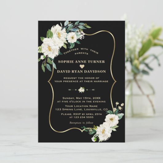 Moderne Ivory White Flowers Roos Gold Black Weddin Kaart (Staand voorkant)