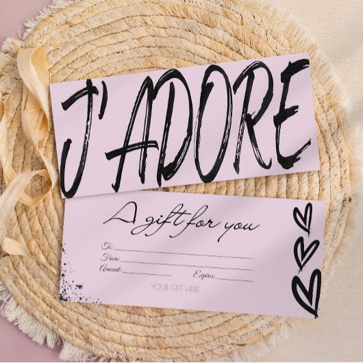 Moderne j'adore zwarte & roze cadeaubon kaart